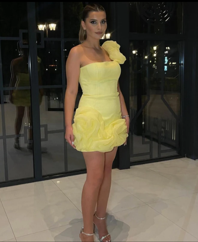 Pretty One Shoulder Yellow Satin Organza Sheath Cocktail Dress Short 8th Grade Homecoming Dress