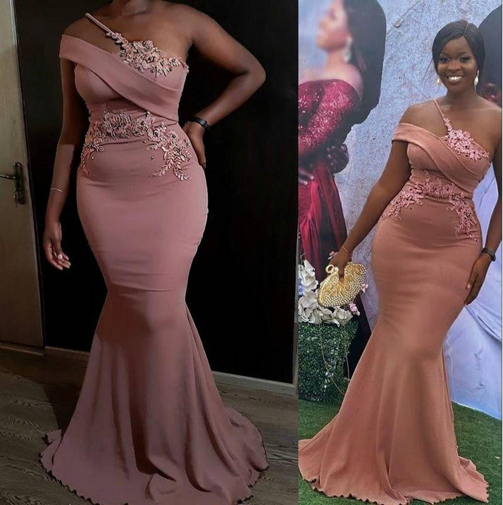Sexy Blush Pink Arabic Aso Ebi Sexy Mermaid Prom Dresses Lace Applique Crystal Beaded Evening Gowns One Shoulder Formal Party Second Reception Robes