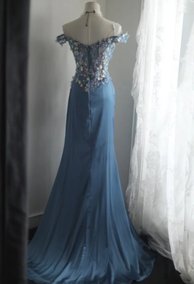 Gorgeous Off The Shoulder V Neck Satin Sequin Appliques Evening Dress Long Mermaid Slit Prom Dresses