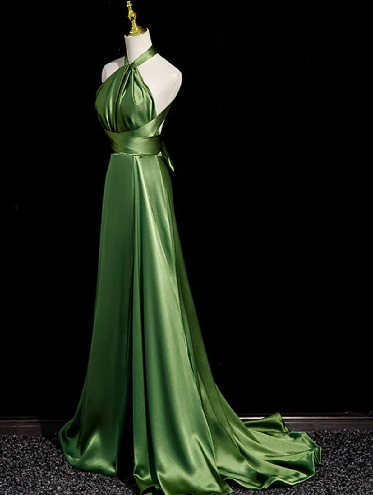 Sexy A line Green Satin Halter Backless Prom Dress Prom Dress