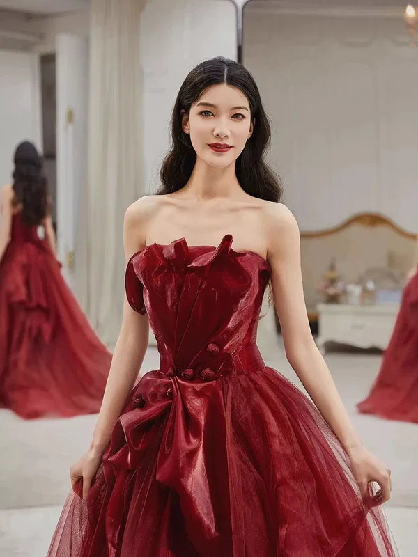 Pretty Burgundy Strapless Tulle Long Prom Dress Party Evening Dress