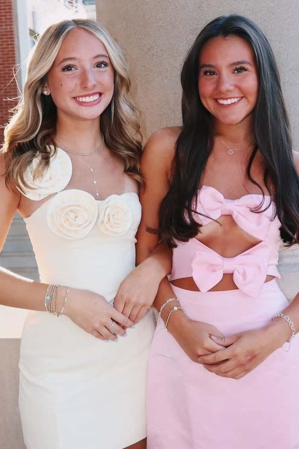 Fashionable Sheath One Shoulder Light Yellow Short Homecoming Dress with 3D Flowers