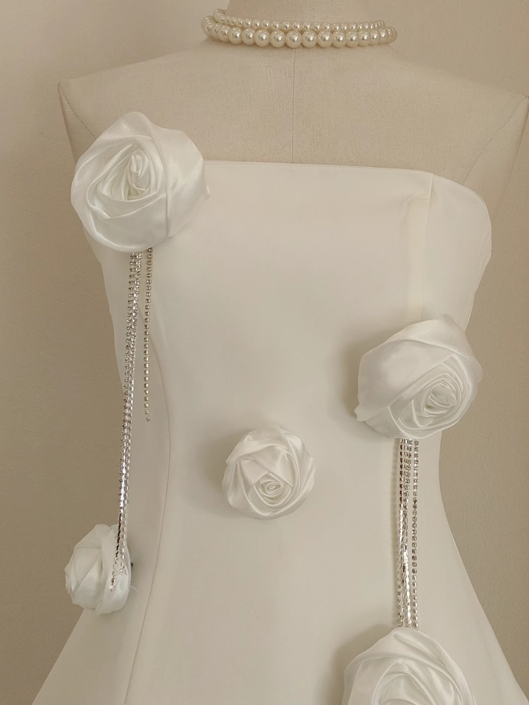 Cute A line Strapless Satin White Flowers Vacation Dress Women Short Dresses