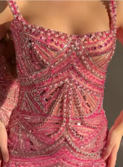 Gorgeous Pink Spaghetti Straps Sequin Beaded Long Evening Dress Formal Party Gown