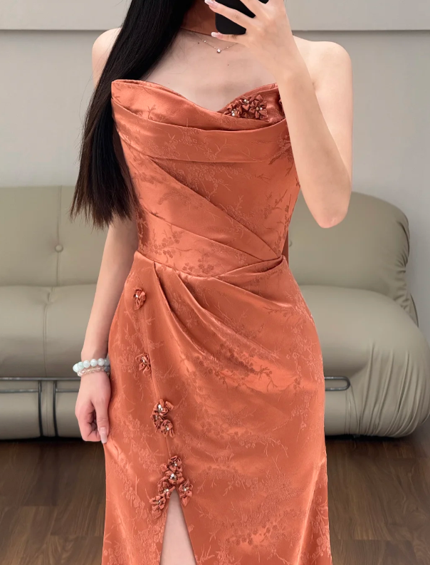 Rust Red Satin Prom Party Dress Evening Dress Graduation Dress