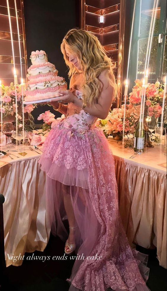 Sexy High Low Sleeveless Lace Pink Prom Dress