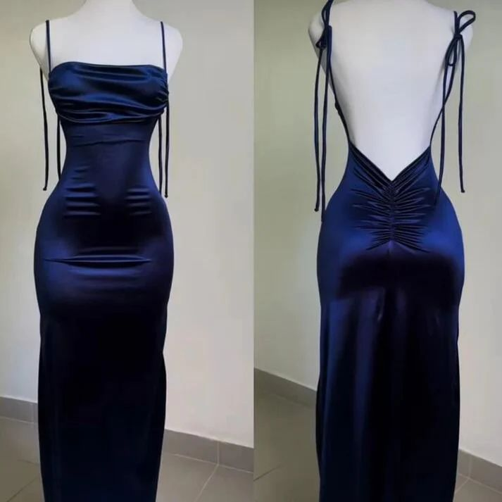 Spaghetti Straps Sheath Prom Dress Navy Blue Backless Party Evening Dress