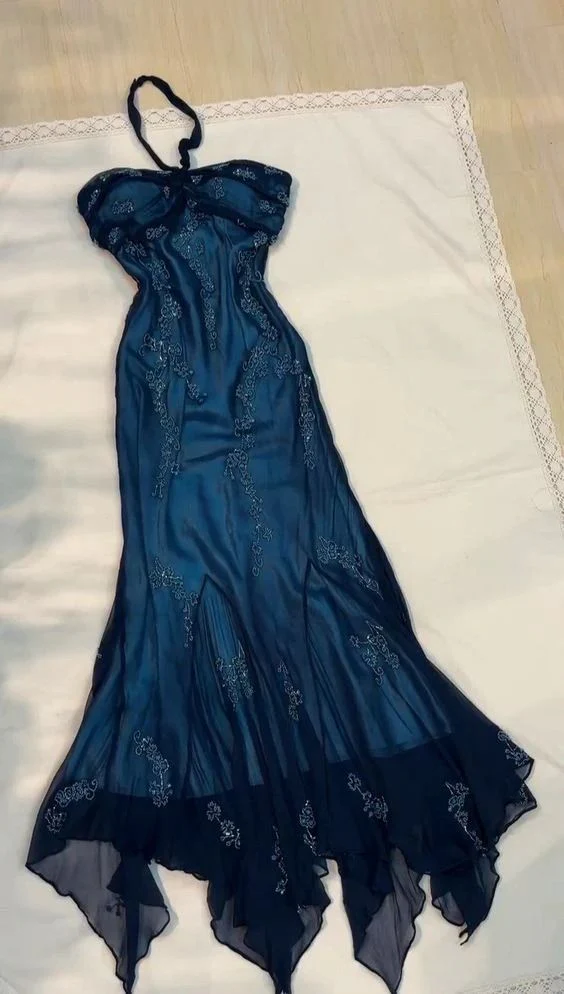 Unique Navy Blue Chiffon Beaded Formal Prom Dress Mermaid Evening Dress