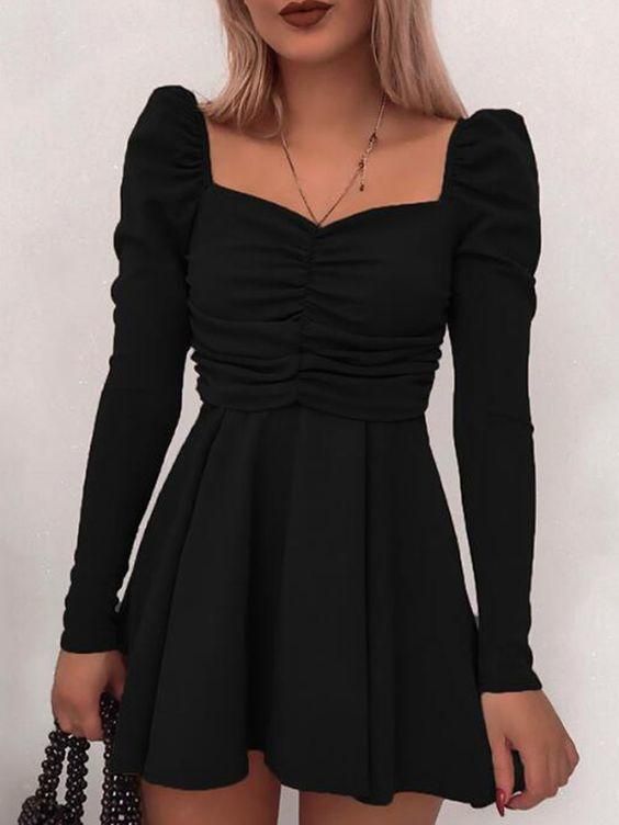Black Pleated Square Neck Puff Sleeve Party Dress