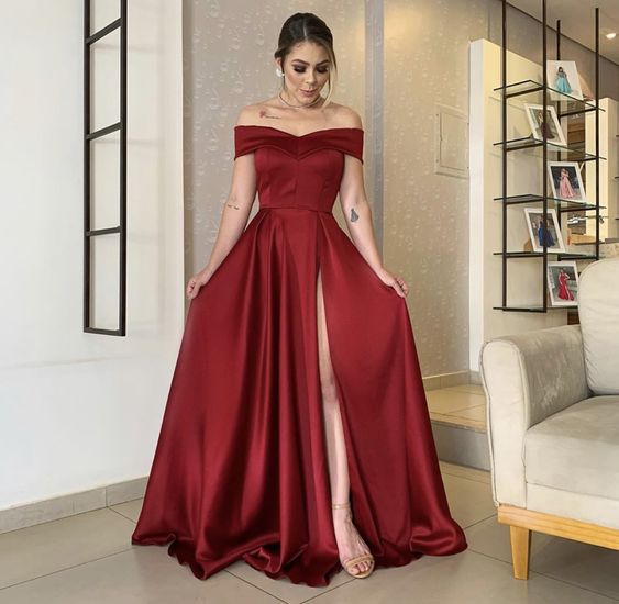 Off The Shoulder Satin Long Prom Dress Simple Burgundy Evening Dress