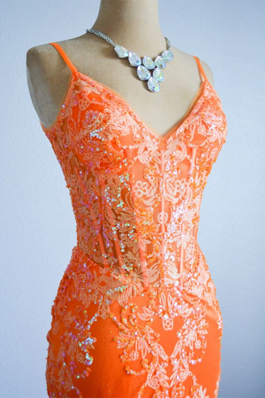 Orange Mermaid Spaghetti Straps Sequins Applique Long Prom Dress