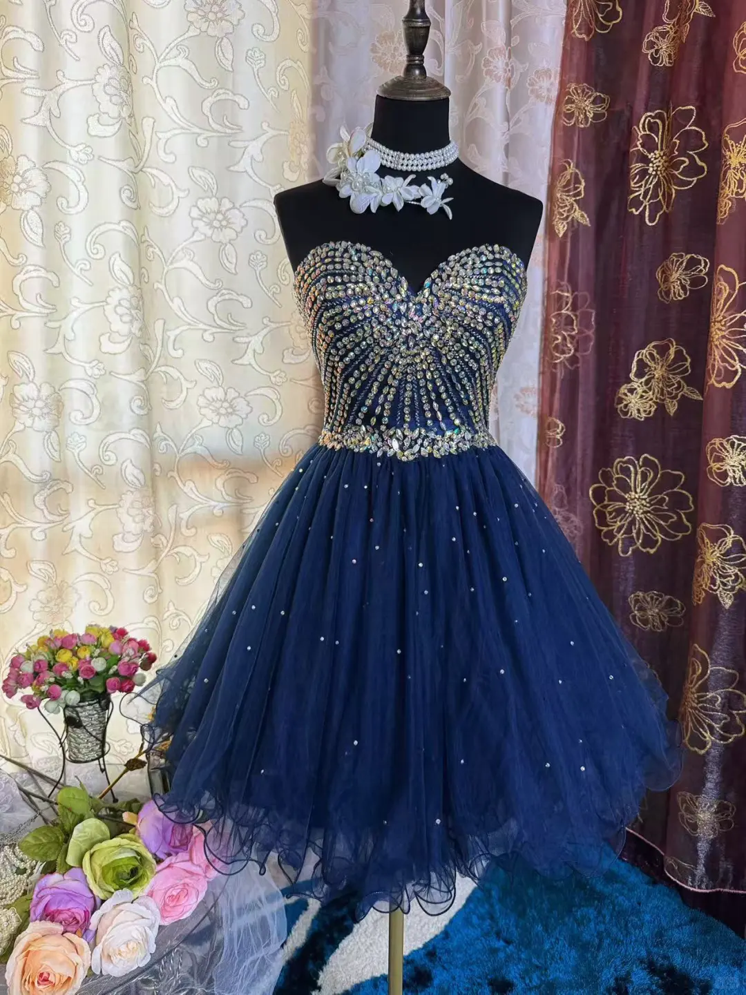 Sparkly Sweetheart Neck Blue Tulle Beaded A Line Short Prom Dress Formal Homecoming Dress