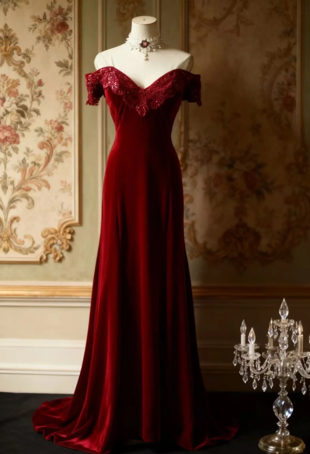 Classy Off The Shoulder Red Velvet Mermaid Long Evening Dress Formal Birthday Prom Dress