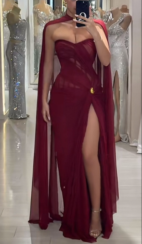 Sexy Burgundy Strapless Chiffon Slit Long Party Dress Birthday Prom Dress With Cape