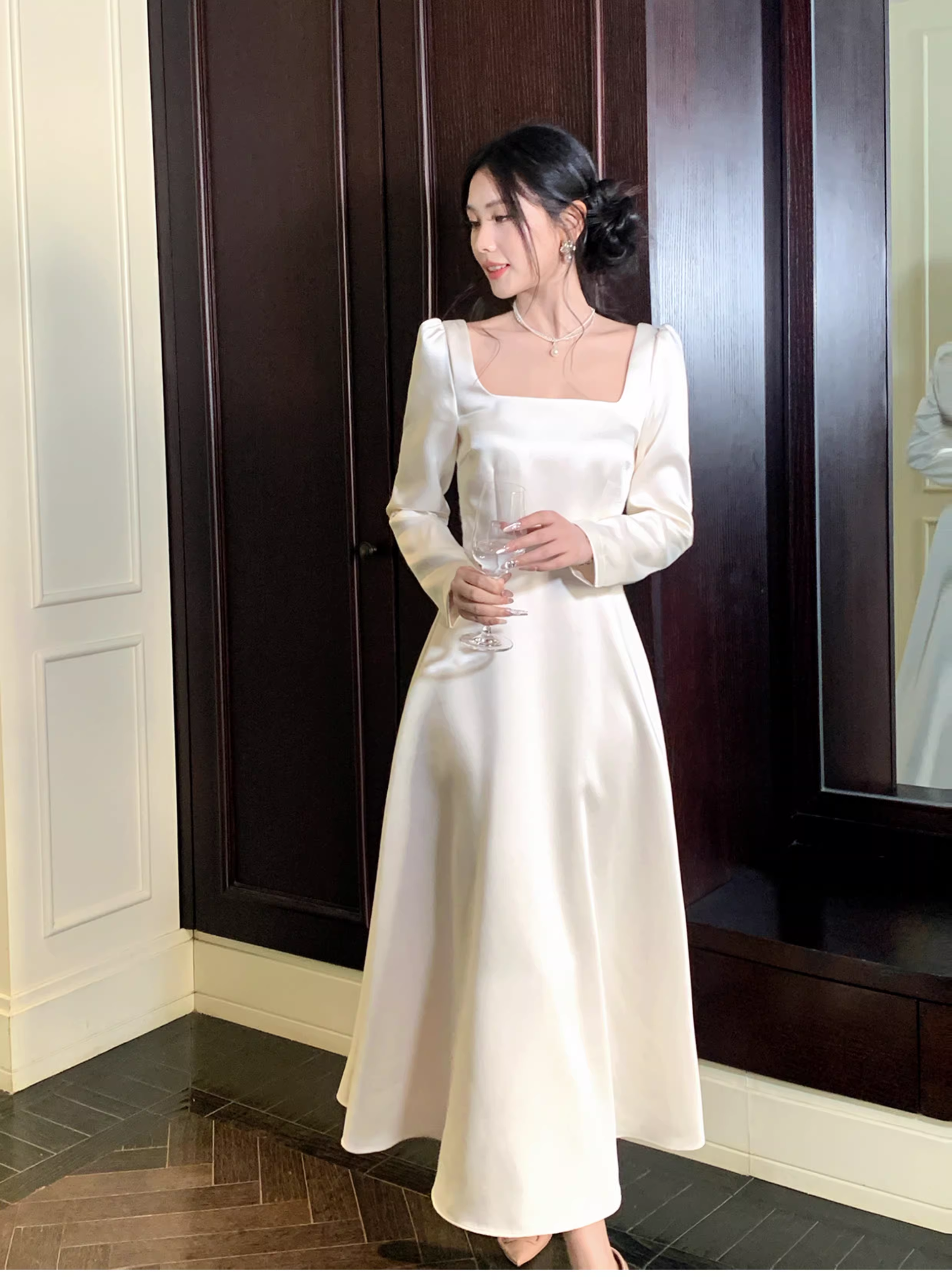 Elegant Square White Satin A Line Long Party Dress Evening Dress