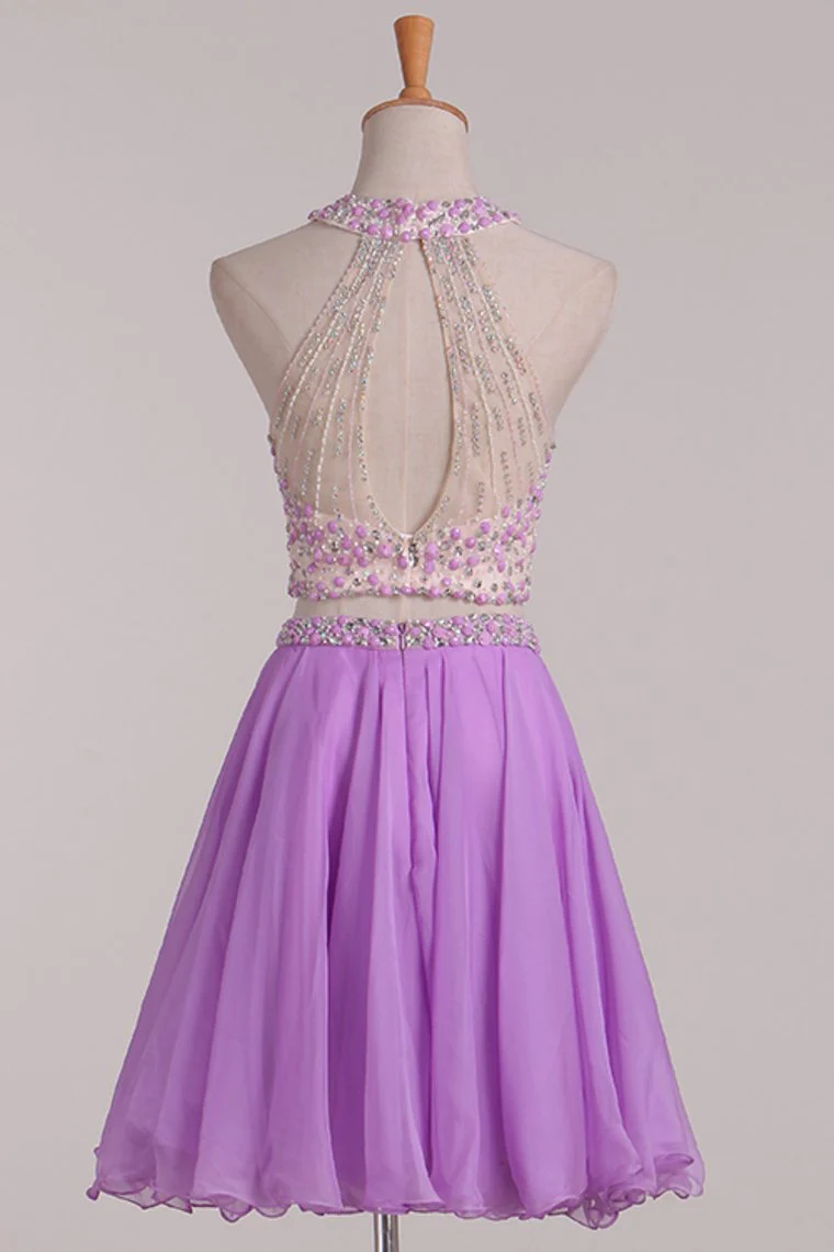 Two-Piece Halter Open Back Homecoming Dresses Beaded Bodice Chiffon A Line
