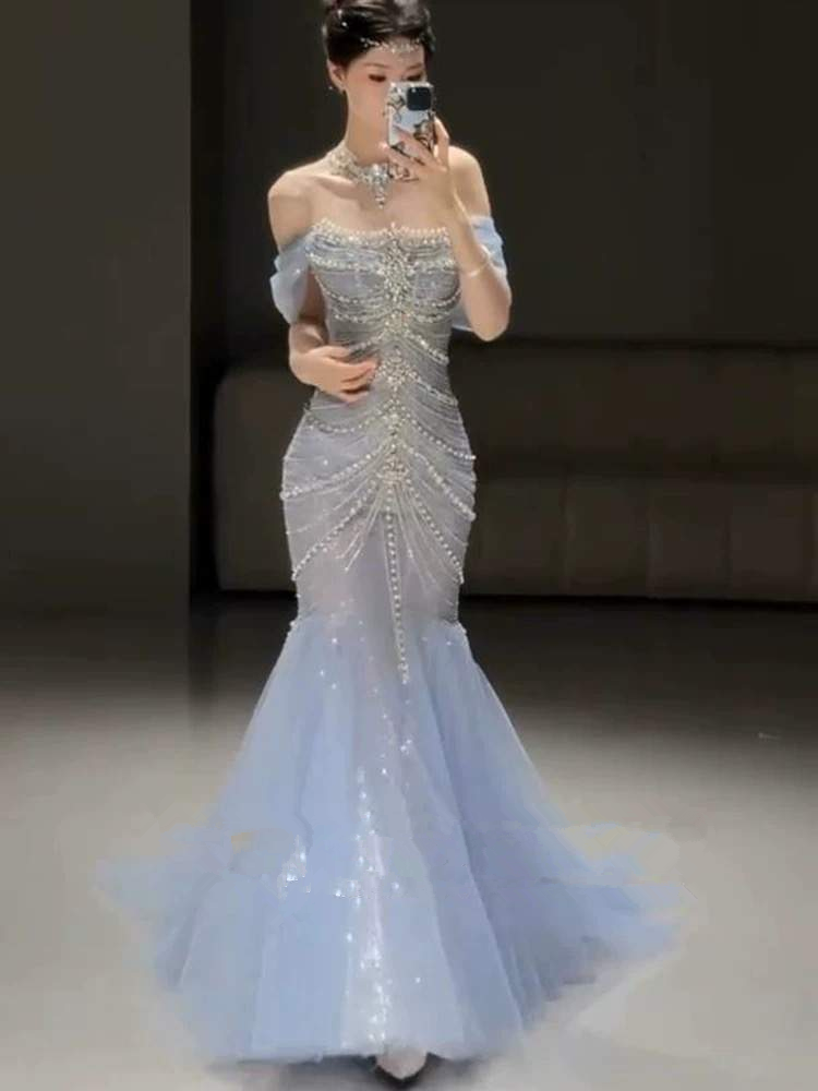 Pretty Mermaid Off The Shoulder Blue Tulle Silver Beads Long Prom Dresses Formal Evening Dress