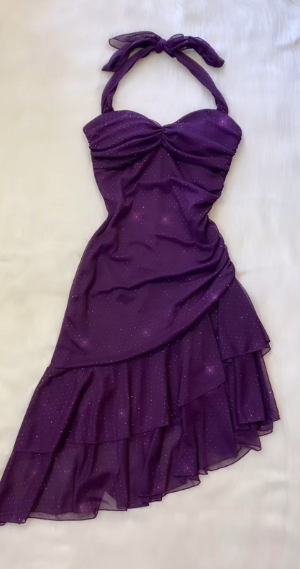 Classy Halter Purple Chiffon Ruffle Short Homecoming Dress Cocktail Dress
