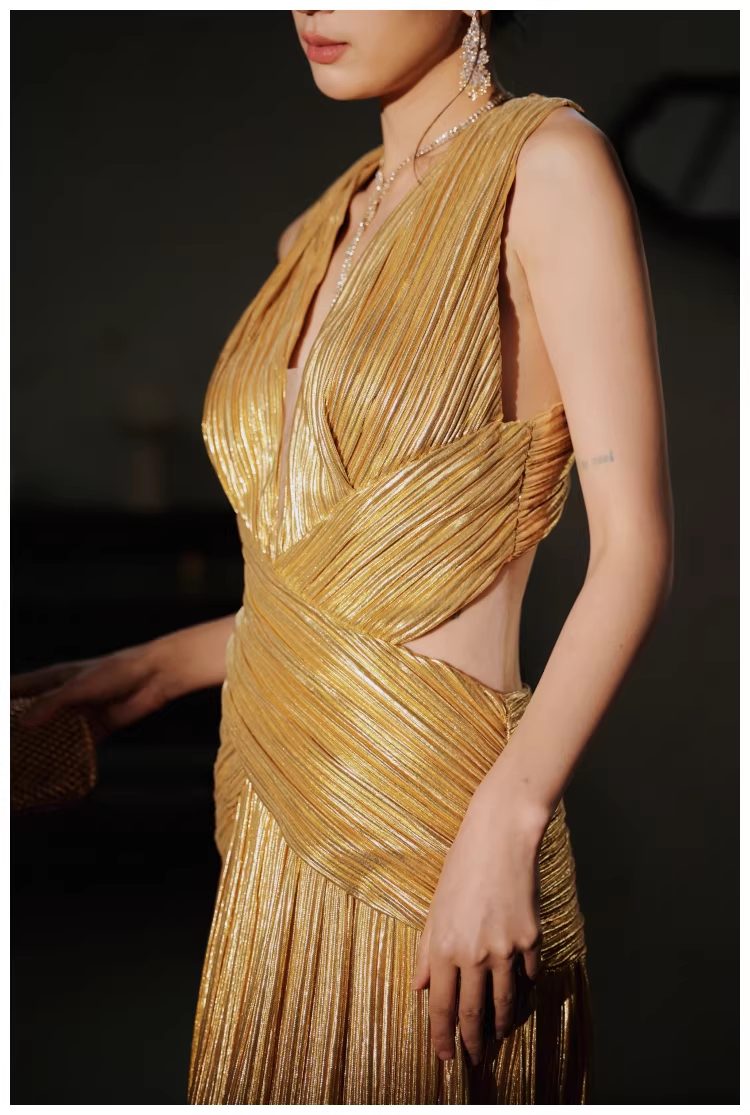 Gorgeous V Neck Gold Satin Pleated Long Evening Dress 19th Birthday Outfits