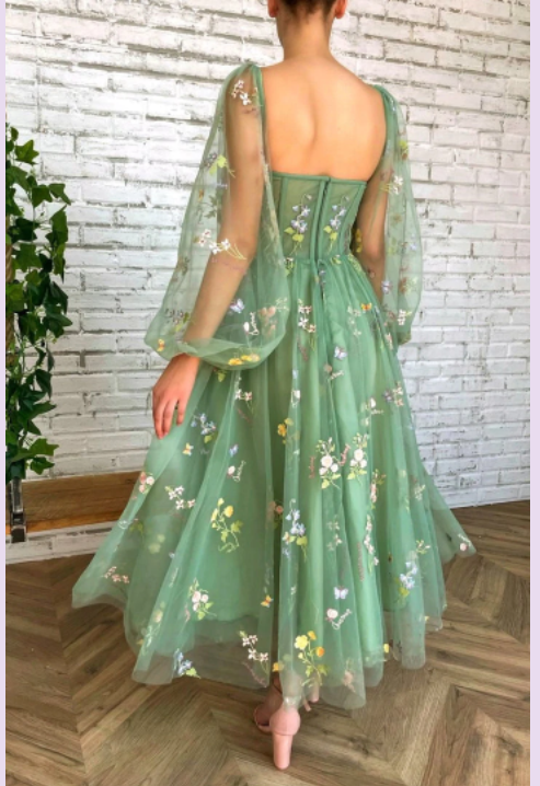 Green tulle lace short prom dress evening dress