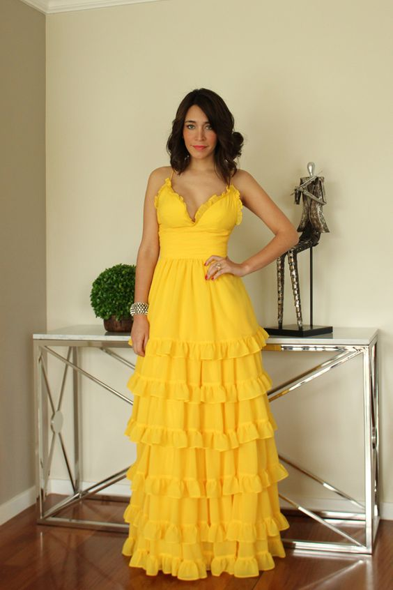 Charming Yellow A-line Tiered Ruffle Prom Dress,Yellow Graduation Dress