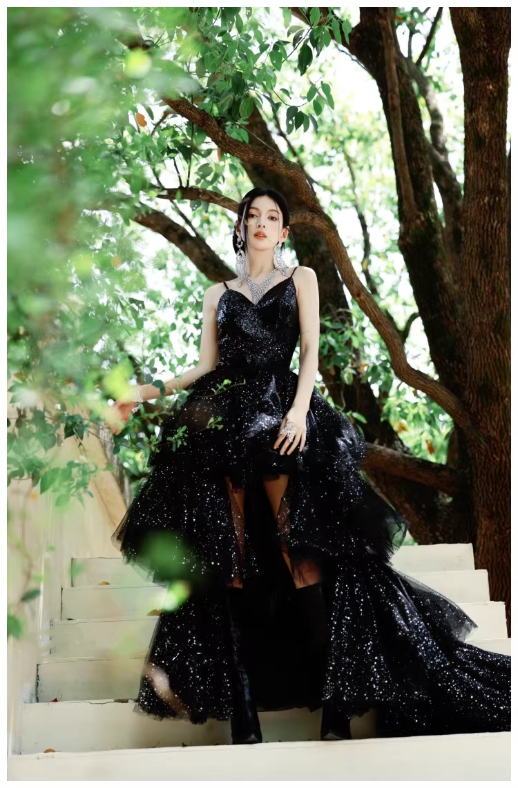 Sparky Black Spaghetti Straps Tulle Sequin Layered Long Birthday Evening Dress Party Dress