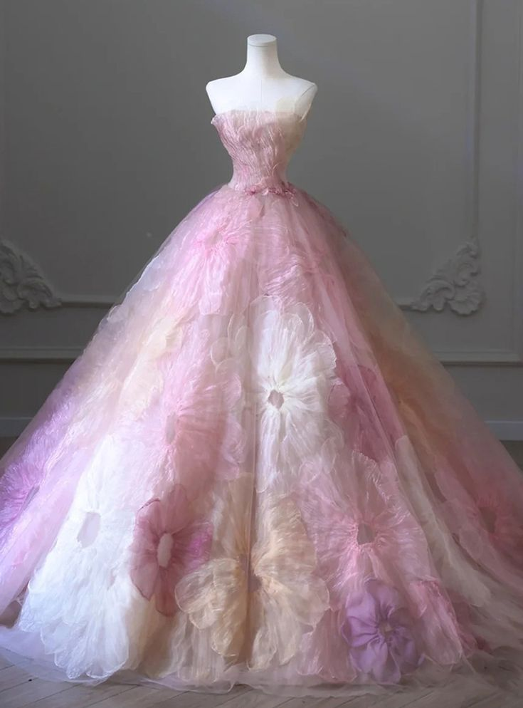 Fairy Pink 3D Appliques Flower Formal Ball Gown Elegant Strapless Sweet 16 Dress