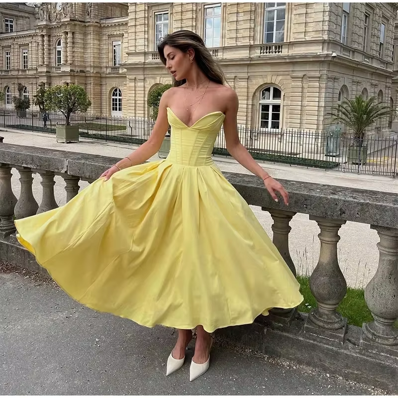 Simple Women strapless pleated maxi dress fashion sexy sleeveless A-line party dress Evening Dress