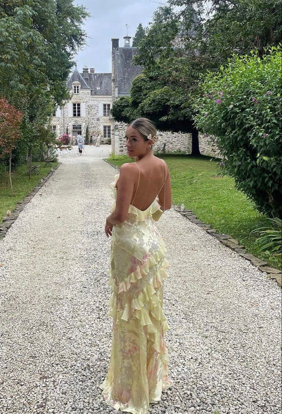 Pretty Yellow Print Chiffon Ruffles Party Evening Dress Long Prom Dress