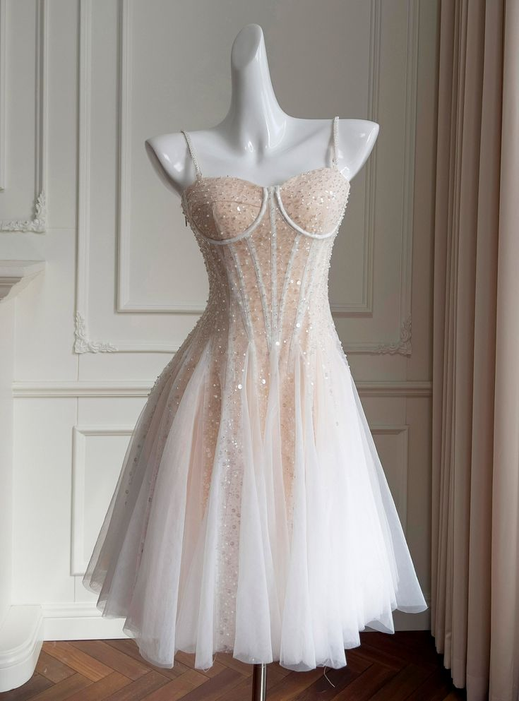 Sparkly Champagne Sequins Spaghetti Straps Homecoming Dress Cocktail Dress