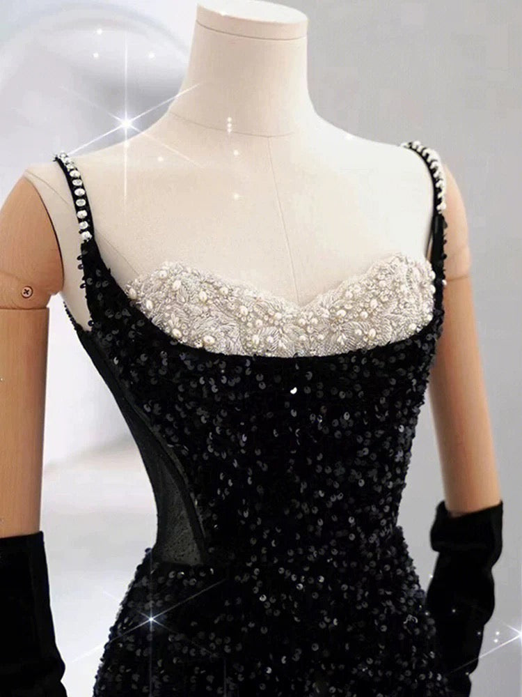 Elegant Mermaid Spaghetti Straps Black Sequin Long Prom Dresses Party Dress With Beads