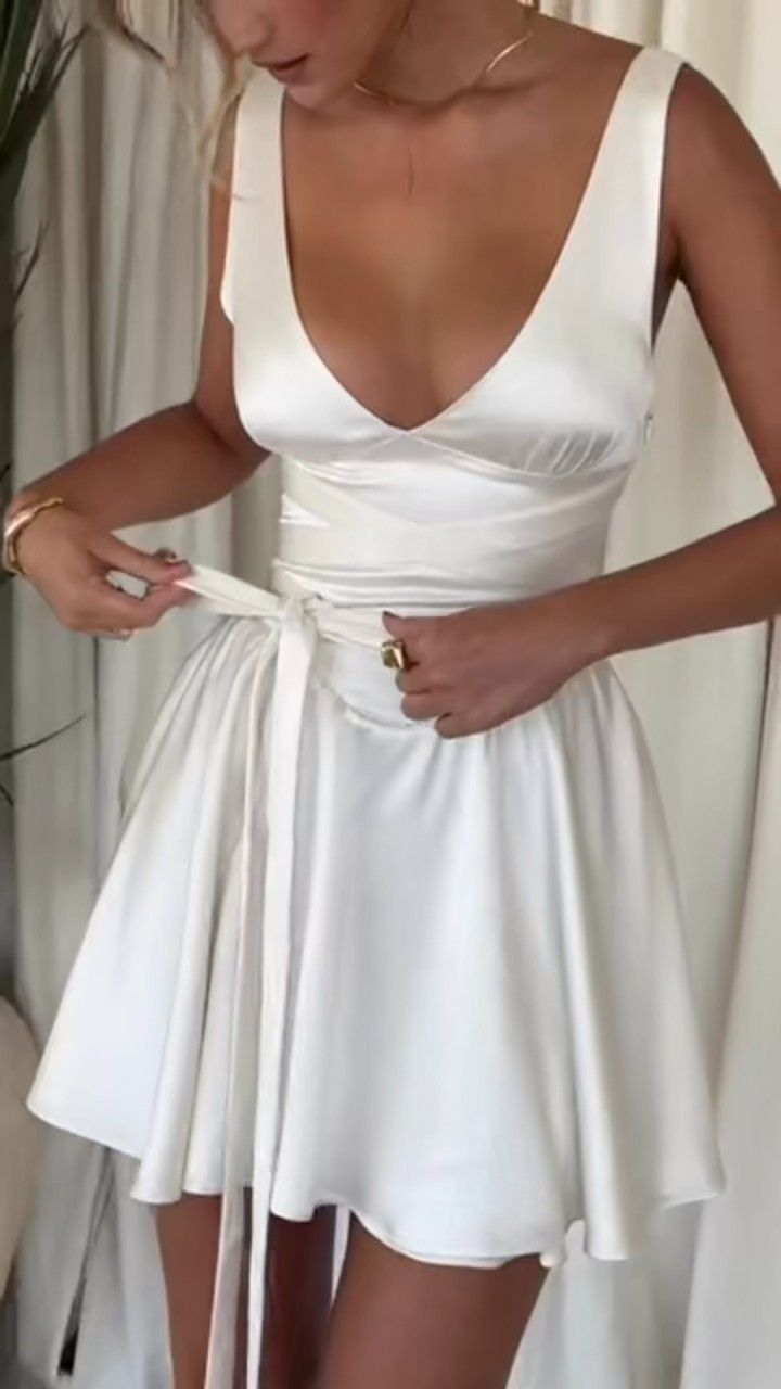 Elegant V Neck Satin A Line White Graduation Homecoming Dress Short Prom Dress