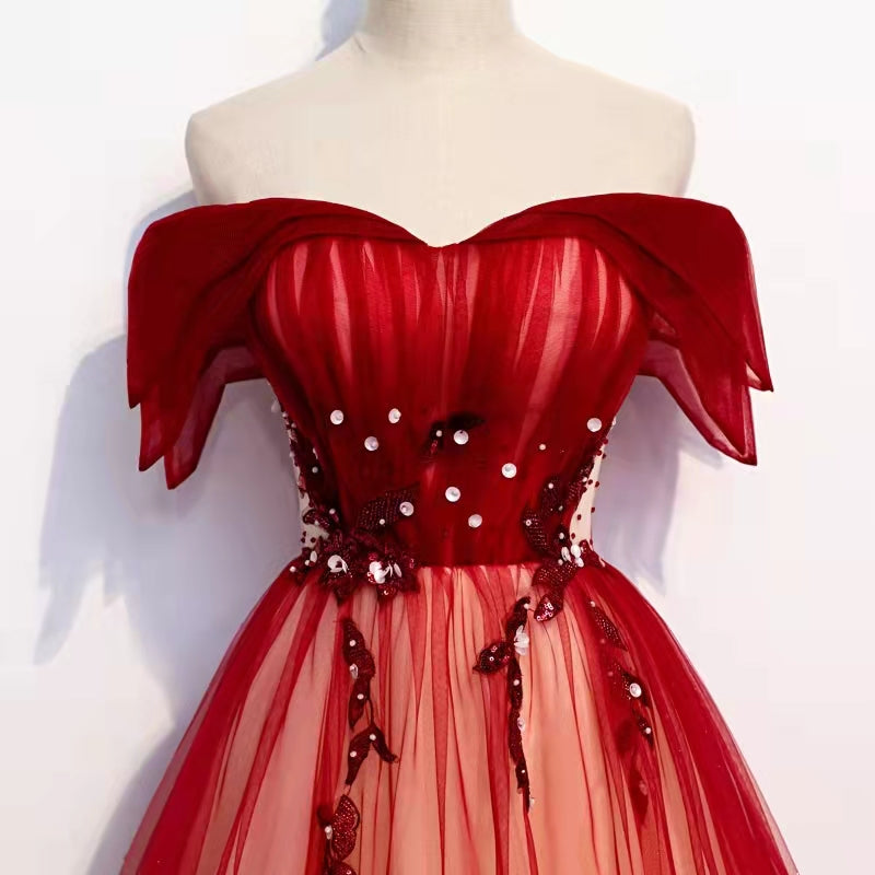 Burgundy off shoulder tulle long prom dress burgundy formal dress