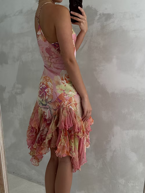Pretty Pink Satin Print Floral Midi Party Gown Evening Dress