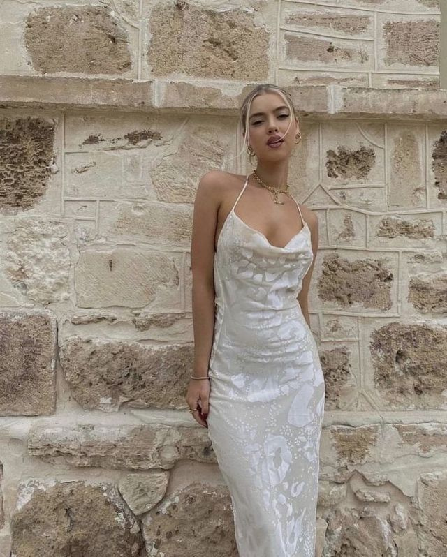 Sexy Backless White Satin Print Prom Dress Evening Dress