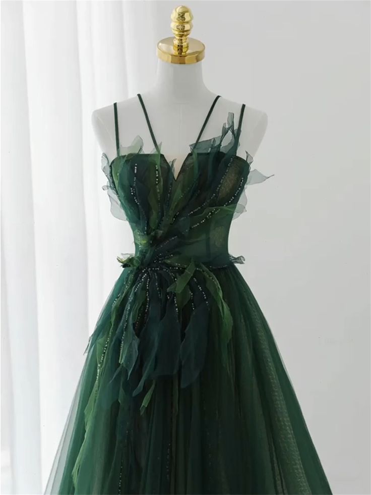Ball Gown Spaghetti Straps Floor Length Dark Green Long Prom Dresses