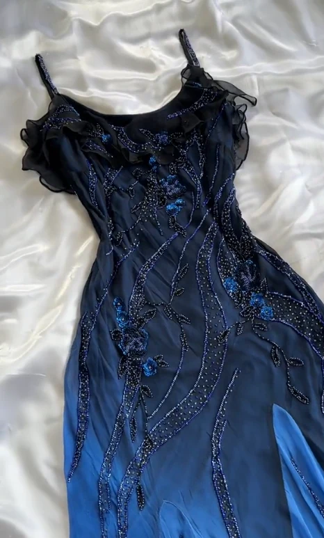 Charmong Navy Blue Chiffon Beaded Long Prom Dress Formal Party Dress