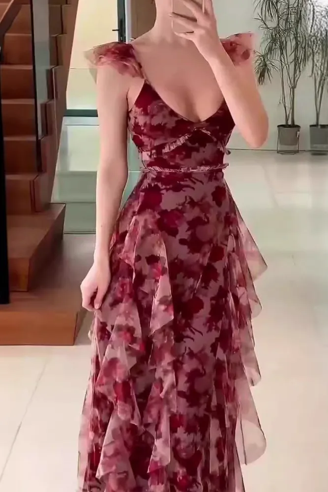 Unique Tulle Chiffon Rose Floral Print Ruffles Party Evening Dress A Line Prom Dress
