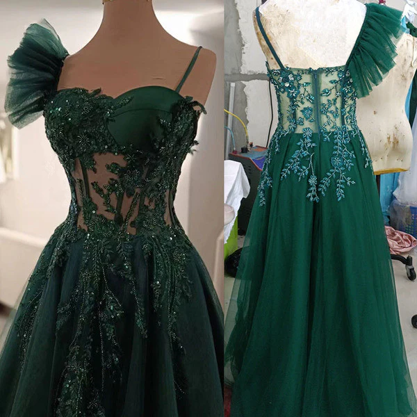 Green Long A-Line Prom Dress, Spaghetti Straps Evening Dress