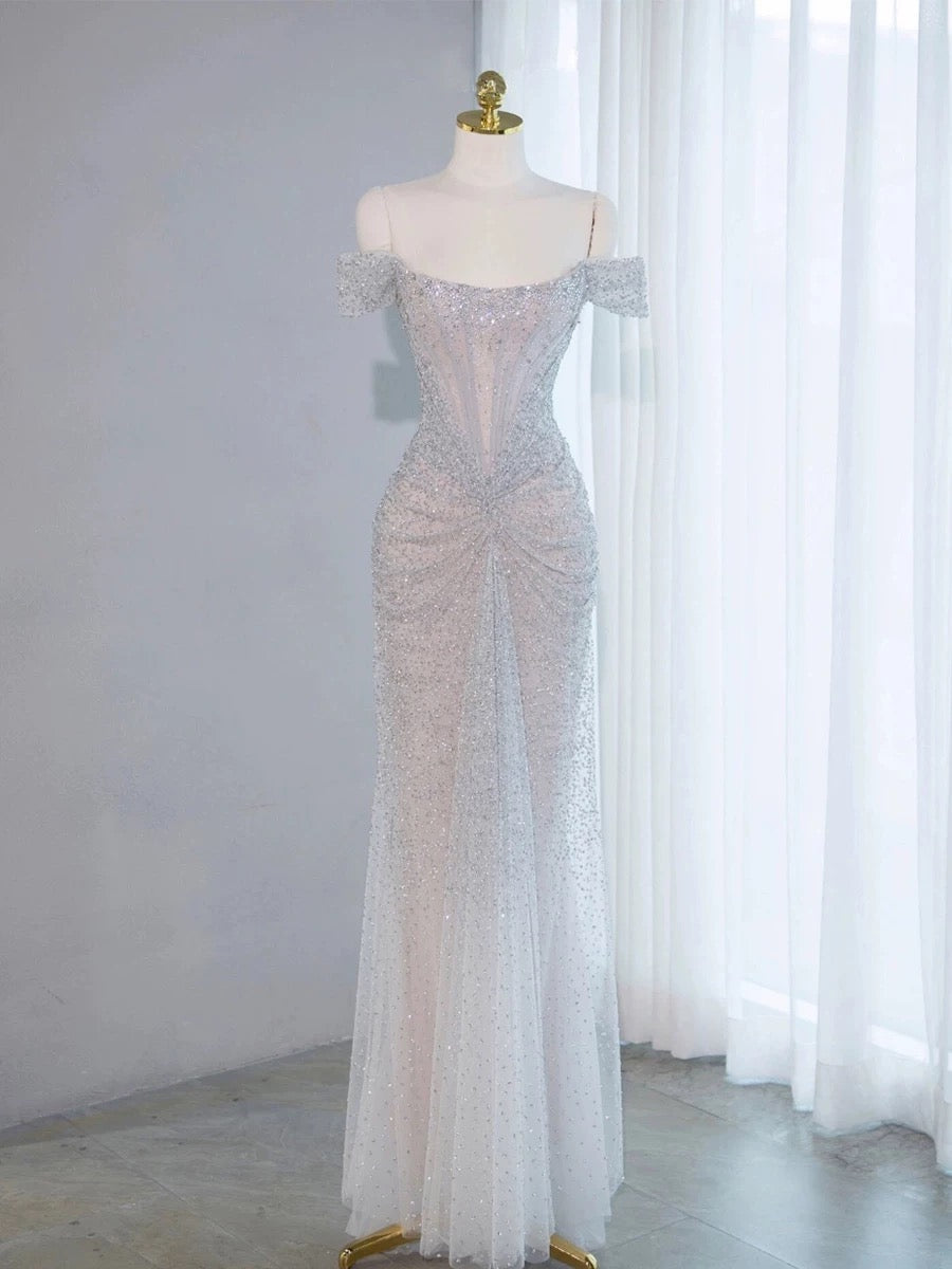 Pretty Mermaid Off The Shoulder Sequin Long Evening Dress Prom Dresses With Beads