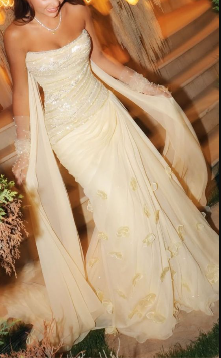 Classy Strapless Yellow Chiffon Sequin Beaded Mermaid Party Dress Long Evening Dress