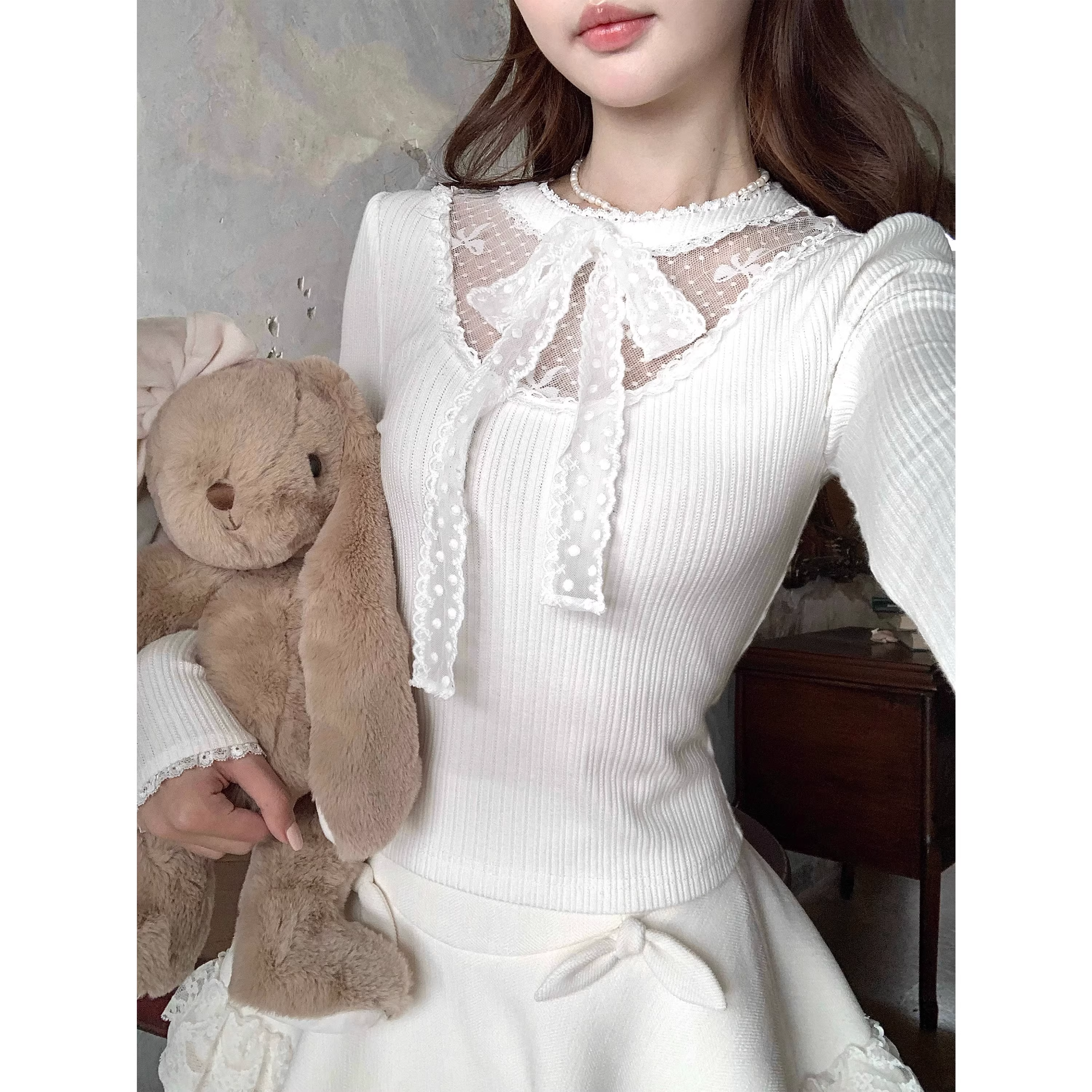 Lace Fitted Knit Sweater Top A125