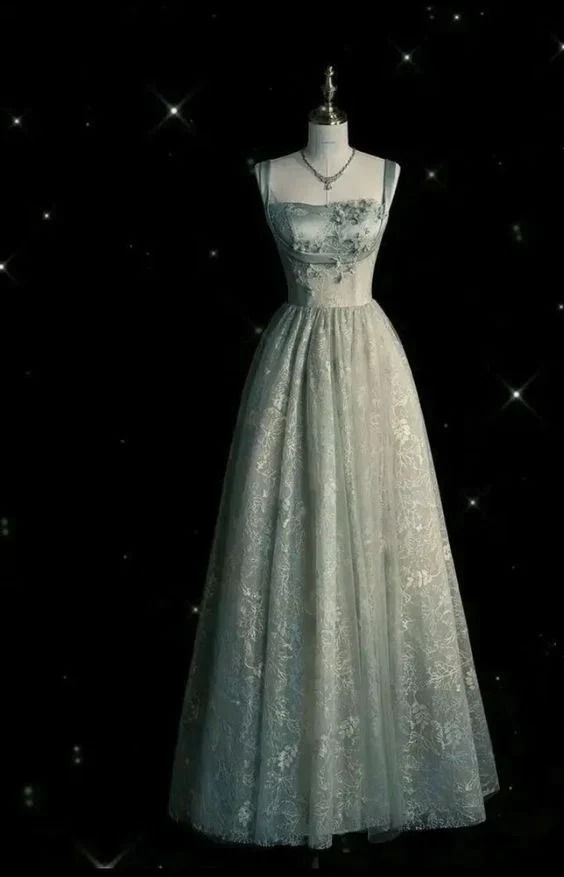 Fashion Lace Evening Gown Sage Green Long A Line Party Prom Dress