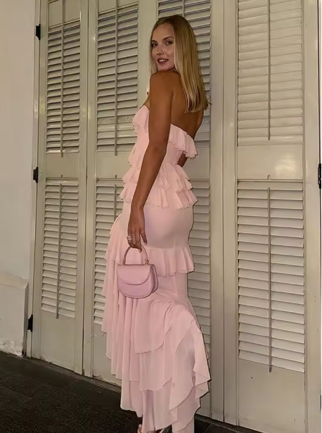 Elegant Pink Strapless Chiffon Slit Evening Dress Ruffles Party Prom Dress