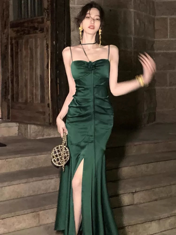 Simple Sheath Spaghetti Straps Floor Length Green Satin Prom Dresses Birthday Dress