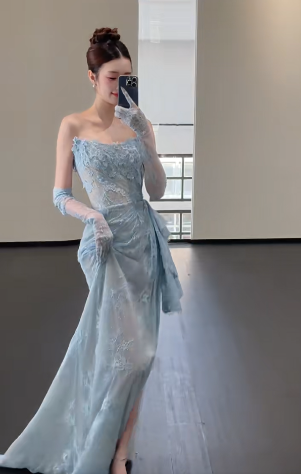 Blue Lace Mermaid Long Prom Dress Sexy Evening Dresses With Side Split