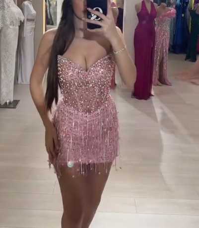Gorgeous Strapless V Neck Sequin Beaded Sheath Cocktail Dress Pink Formal Graduation Homecoming Dress
