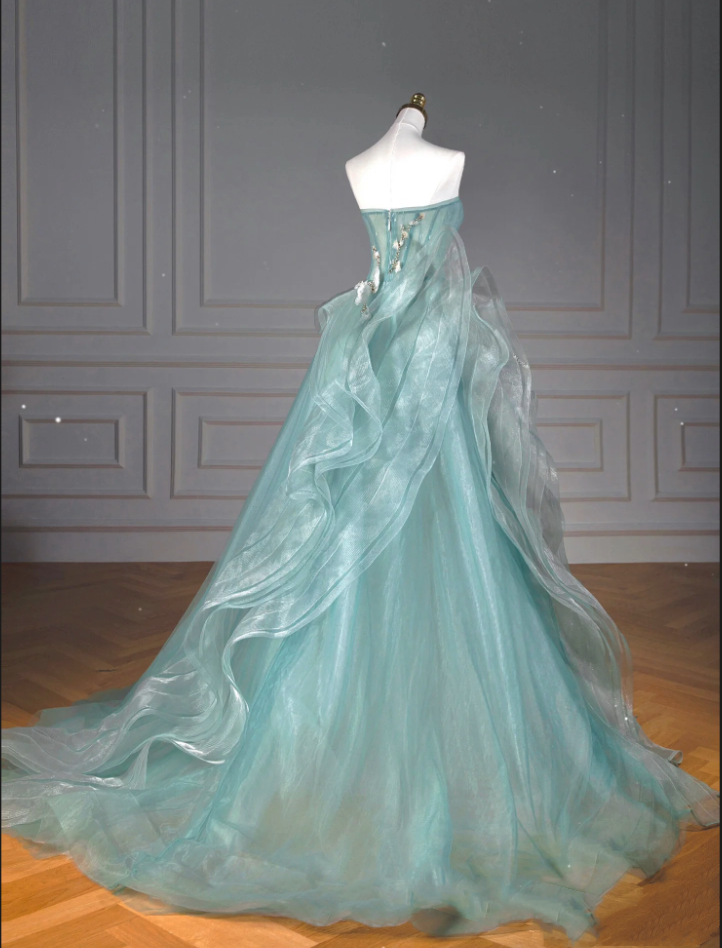 Pretty Ball Gown Sweetheart Tulle Green Long Evening Dress Prom Dresses With Ruffles