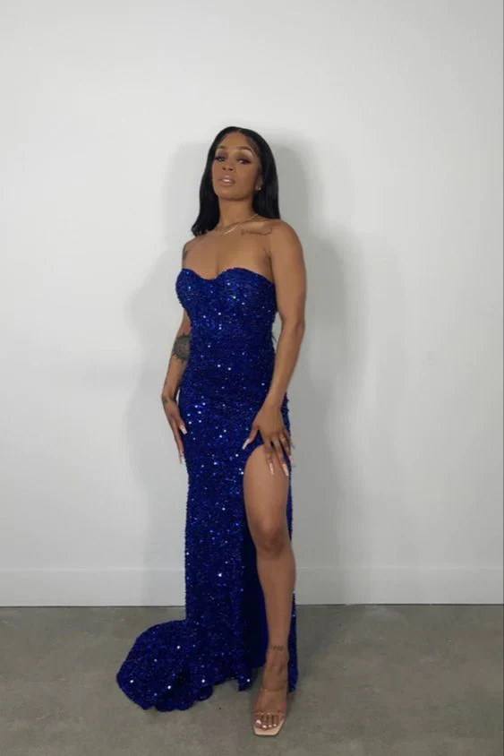 Sparkly Blue Sequins Strapless Prom Dress Slit Mermaid Party Evening Gown