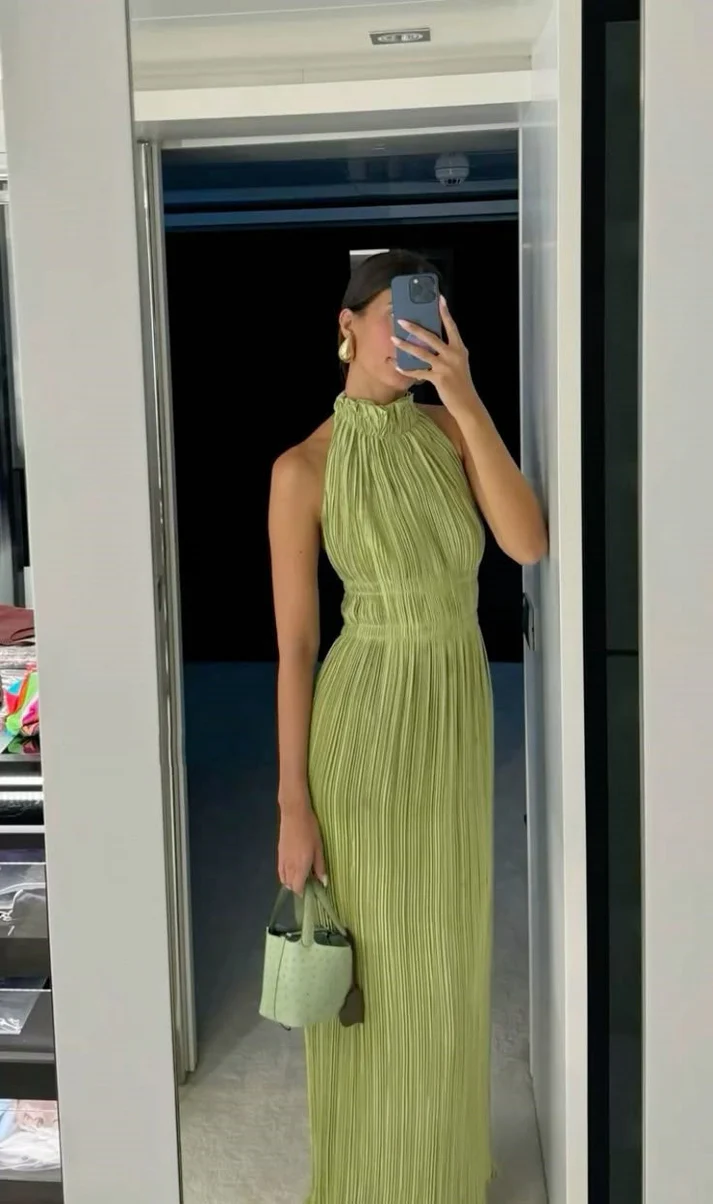 Sexy A line High Neck Sage Green Chiffon Prom Dresses Formal Summer Wedding Guest Dresses Wedding Guest Outfit